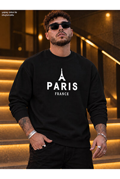 caddekombin Men's Eiffel Tower Illustration and Paris France Printed Crew Nec...