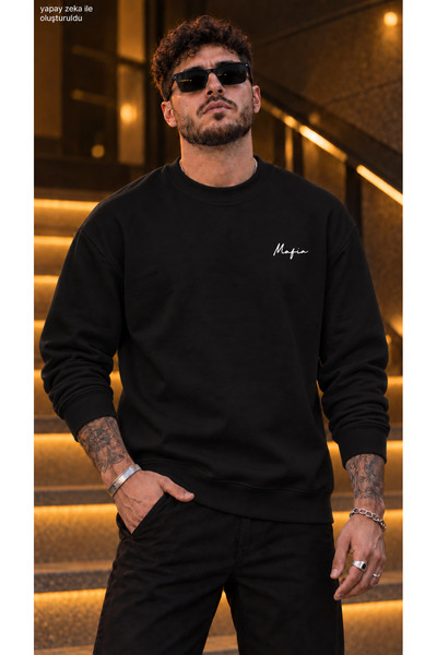 caddekombin Men's Mafia Calligraphy Written Crew Neck Casual Regular Fit Swea...