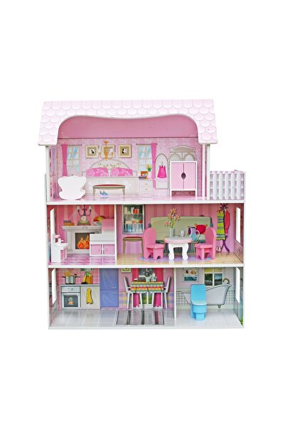 Ecotoys Ξύλινο κουκλόσπιτο W06A139, 3 ορόφοι, 5 δωμάτια, 8 έπιπλα, ροζ και λευκό