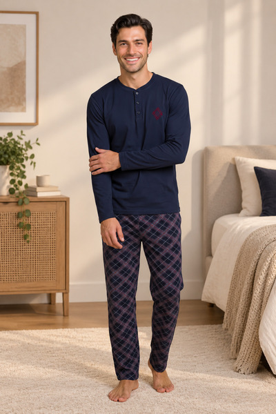 FALKOM 5800 Interlock Winter Fabric Plaid Pajama Men's Home Pajama Set