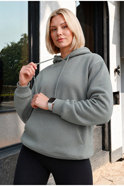 TKT Kadın Basic Kapüşonlu 3 İplik Kanguru Cepli Regular Kalıp Gri Sweatshirt