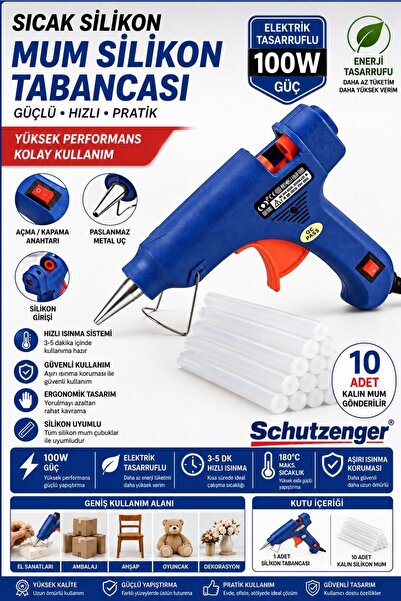 SCHUTZENGER 100W Sıcak Silikon Tabancası 10 Adet Kalın Mum Hediyeli Hızlı Isınma Güvenli Kullanım