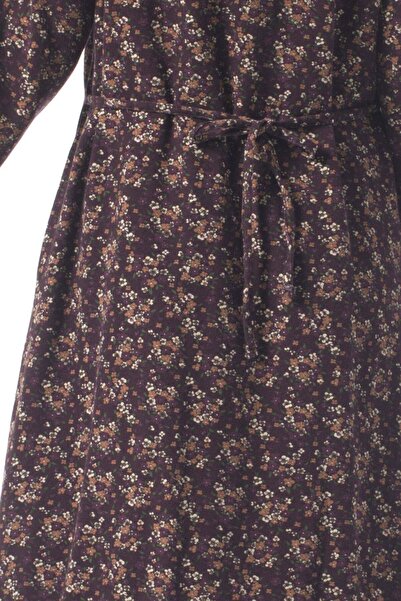 Eliş Şile Bezi Feriha Flannel Buttoned Long Sleeve Winter Long Dress with Violet Pattern Purple Purple