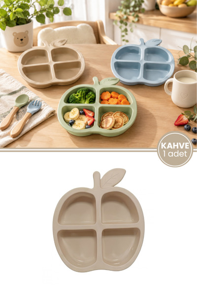 12den Elma Figürlü 4 Bölmeli Bebek Mama Tabağı, Ek Gıda Beslenme Tabağı Plastik BPA Free Bej