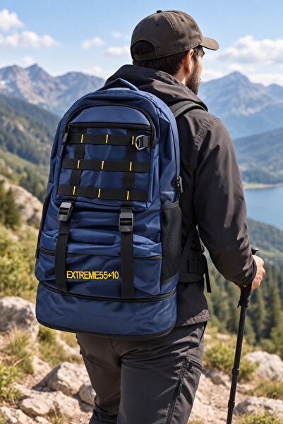 DODOMAR Rucsac de trekking pentru exterior, albastru, cu coloane, 57x37x19 cm
