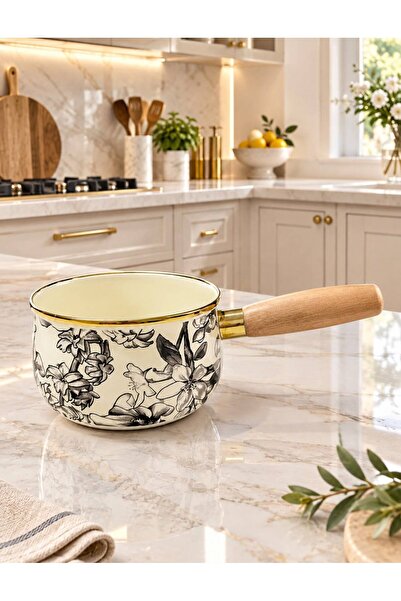 ACAR Scottish Serisi Emaye Gold Detaylı Ahşap Saplı Sos Tavası & Sütlük 14cm
