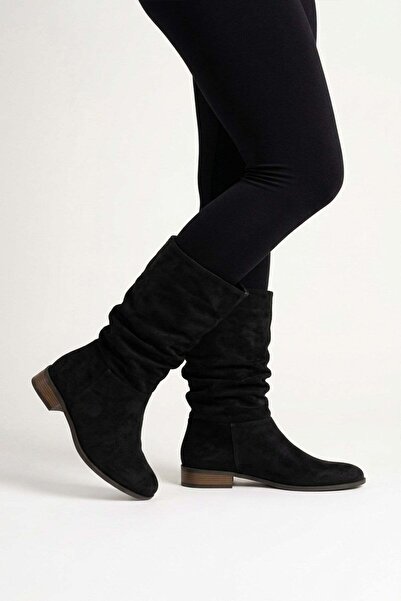 Preshley Γυναικείες μπότες Samo Black Suede με επίπεδη σόλα και κορδόνια, μεσ...