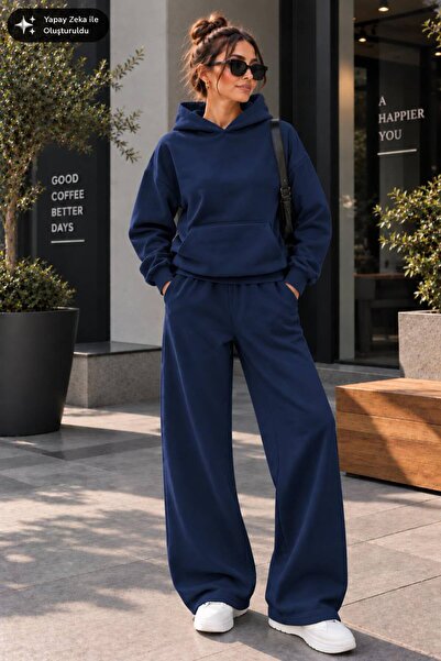 EMMODA Kadın Kapüşonlu Geniş Paça İkili Eşofman Takımı Baggy
