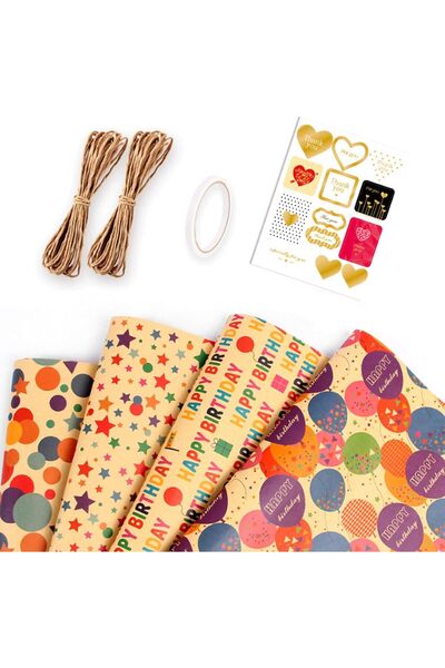 Arabest 12-Piece Kraft Birthday Gift Wrapping Paper Set,4 Pattern Designs,50x...