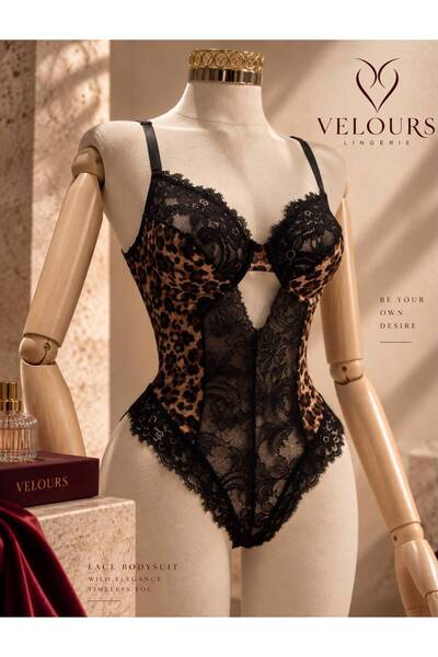 Genel Markalar Leopar Desenli Siyah Dantel Bodysuit