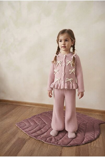 coconart Kız Çocuk Beyaz Fiyonk Detaylı Pembe Triko Hırka ve Pantolon İkili Takım