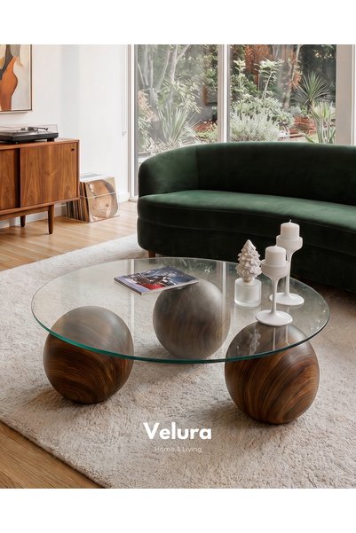 Velura Home & Living Küre Orta Sehpa - Amerikan Ceviz - Yuvarlak Şeffaf