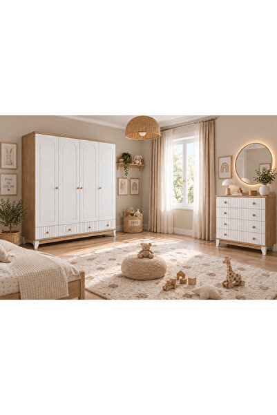 Koza %100 MDF Bohem Ahşap Beyaz 4 Kapılı Dolap & Bohem Ahşap Beyaz Şifonyer