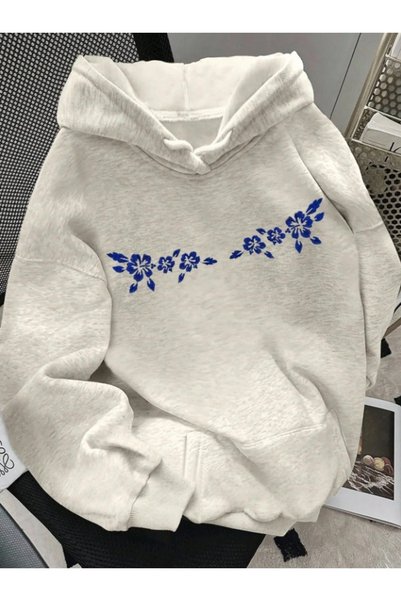 MITHRAS OUTDOORS Unisex Gray Blue Flowers Printed Hooded Sweatshirt Printed P...