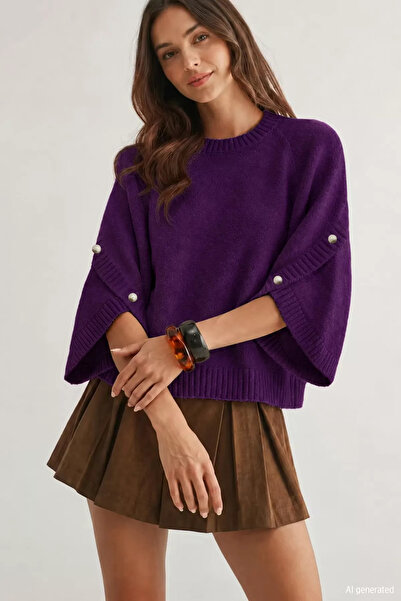 TOZLU Purple Rose Crew Neck Sweater with Cuff Detail in Stylish Knitwear