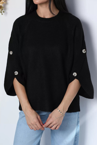 TOZLU Black Gülseli Crew Neck Sweater with Cuff Detail in Knitwear Style