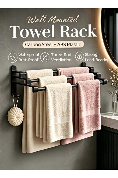 Generic 60cm Carbon Steel Towel Holder,3 Layer Towel Rack with 2 Hooks,Wall M...