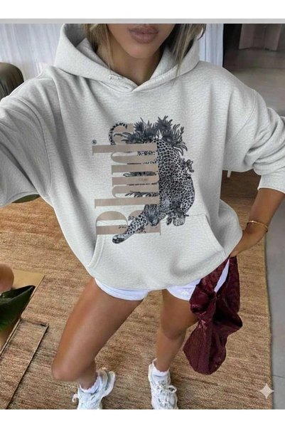 MITHRAS OUTDOORS سويت شيرت مطبوع عليه رسمة جلد الفهد باللون الرمادي للجنسين م...