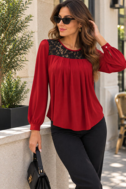 Kokosh moda Women's Elegant Lace Detailed Long Sleeve Crew Neck Flowy Viscose...