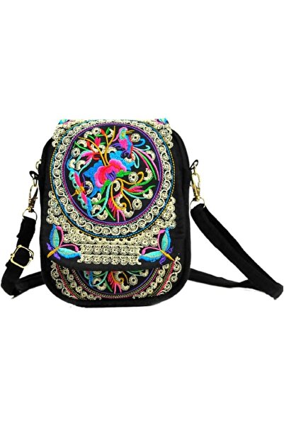 Generic Womens Embroidered Canvas Crossbody Bag 3 Compartments Floral Shoulde...