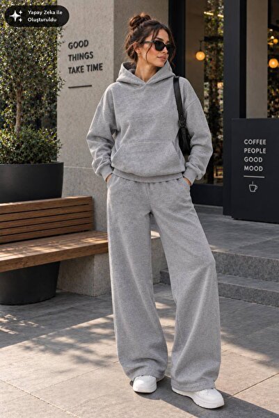 EMMODA Kadın Kapüşonlu Geniş Paça İkili Eşofman Takımı Baggy