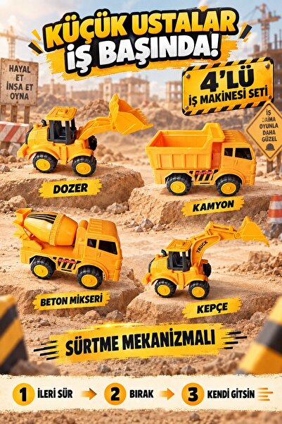 miventou Oyuncak İş Makinaları Seti Dozer, Kepçe, Mikser Ve Kamyon, Sürtmeli ...