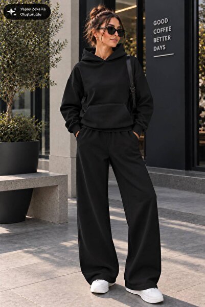 EMMODA Women's Hooded Wide Leg Two-Piece Tracksuit Set Baggy
