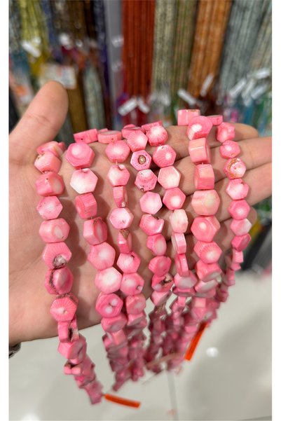 Uçar Doğaltaş Mercan Doğal Taş Parlak Pembe Altıgen 11x5mm Dizi