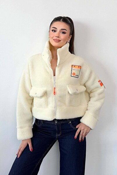GİYSA Women's Stand Collar Plush Coat with Arma Detail White - 5040