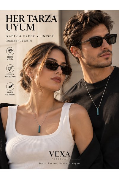 Vexa Aksesuar Boxed Minimal Bar Necklace Imported Steel Blue Petrol Color Rectangular End Thin Chain Necklace