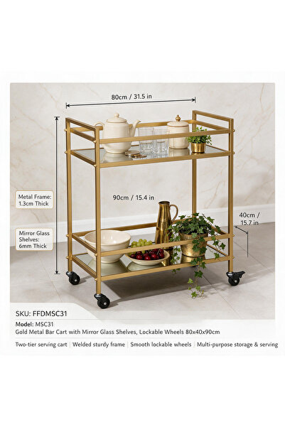 Generic Brand Gold Bar Cart with Mirrored Glass Shelves, 2-Tier Rolling Servi...