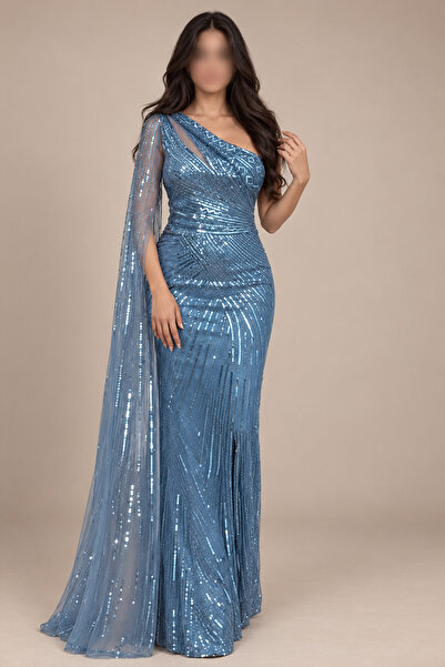 Rose Ice Blue One Shoulder Evening Gown with Embroidered Tulle Cape