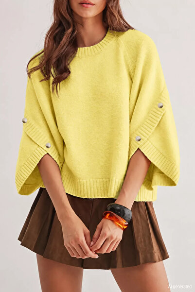 TOZLU Yellow Gülseli Crew Neck Sweater with Cuff Detail in Knitwear Style