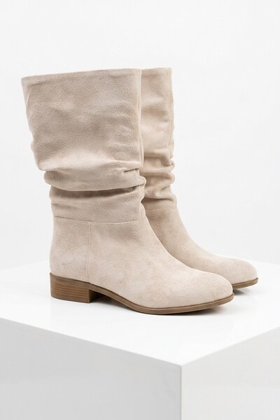 Preshley Women's Samo Beige Suede Flat Sole Drawstring Mid-Size Pull-On Boots