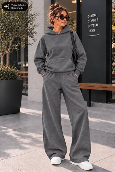 EMMODA Kadın Kapüşonlu Geniş Paça İkili Eşofman Takımı Baggy