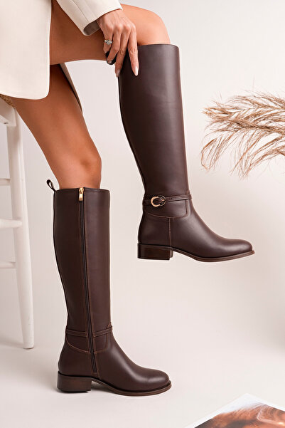 NOSEY SHOES ALBA MODEL HAKİKİ DERİ KAHVERENGİ CİLT YANDAN FERMUARLI KALIN TOP...