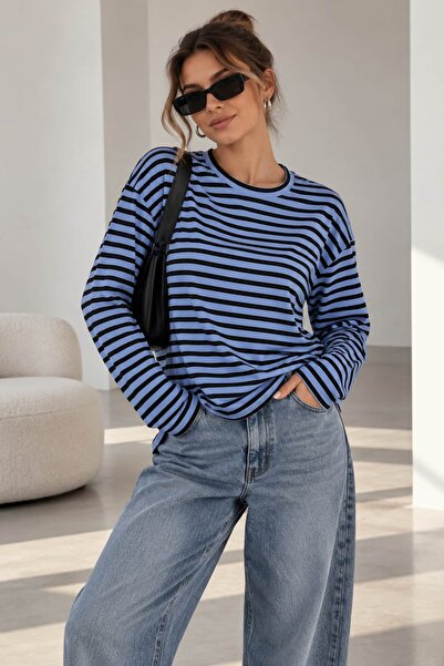 bb butik basic Women's Striped Crew Neck Long Sleeve Basic Blouse Zg3535