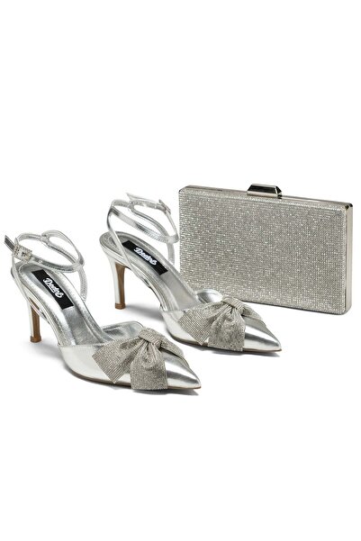 Dedos Women's Silver Stone Bow Detailed Ankle Strap Heeled Shoes and Evening ...