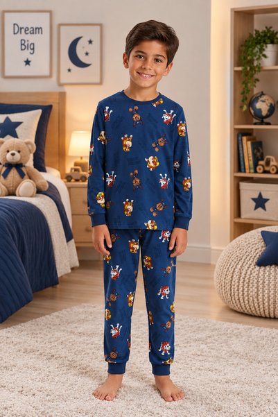 Novella18 Boy's Paw Patrol Patterned 100% Cotton Interlock Fabric Long Sleeve Pajama Set