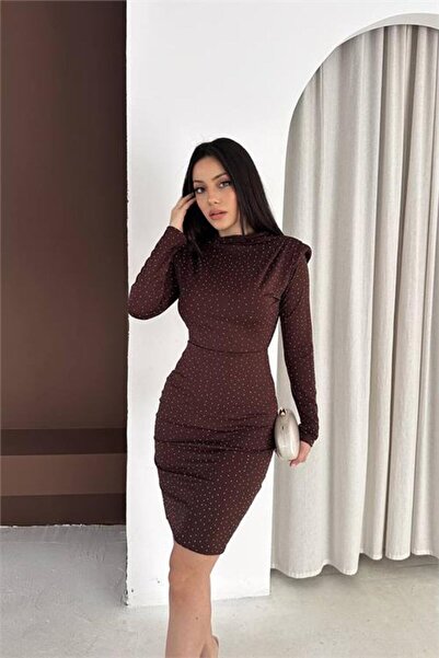 Neşeli Butik Γυναικείο καφέ φόρεμα με ψηλό γιακά, επενδυμένο με πέτρες, μίνι ...
