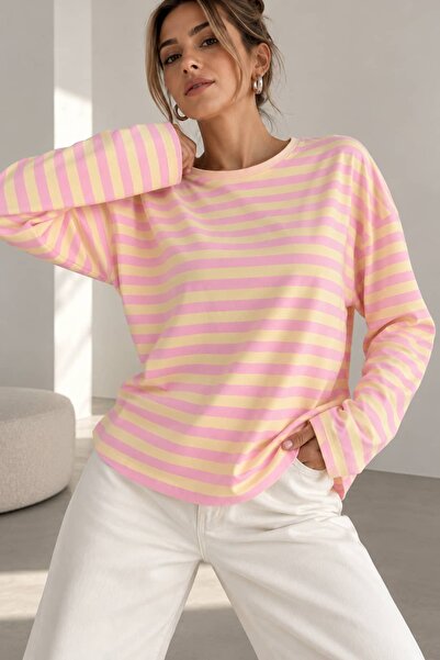 bb butik basic Women's Striped Crew Neck Long Sleeve Basic Blouse Zg3535