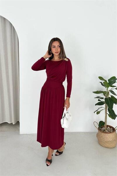 Neşeli Butik Γυναικείο μπορντό φόρεμα με λεπτομέρεια από ύφασμα με υφή άμμου,...