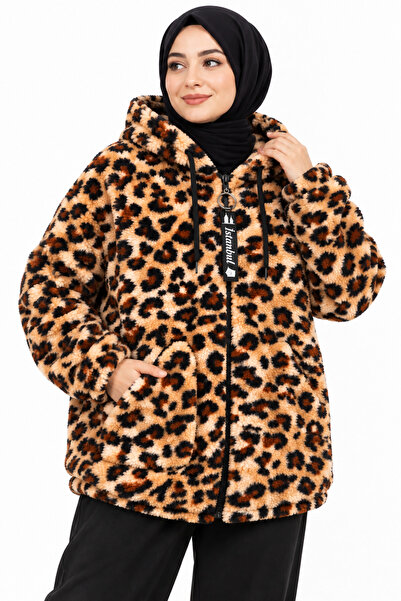 ZELASU Kadın Leopar Desenli Peluş Ceket Kapüşonlu Fermuarlı Büyük Beden Overs...