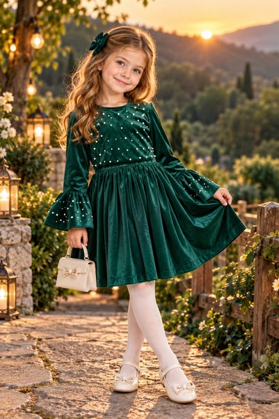 NEWKİDS Girl's Dress with Long Sleeves, Pearl Embellished Flared Cuffs, Waist Cutout, Pleated/Draped Design.