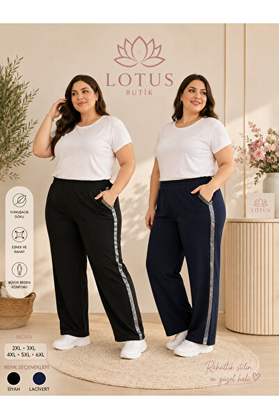 LOTUS BUTİK Esnek Yumuşak Pamuklu Modal Kumaş Sim Şeritli Büyük Beden Eşofman...