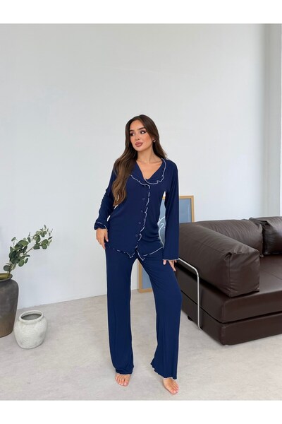 MJAMASS Navy Blue Ruffle Detailed Buttoned Cotton Pajama Set
