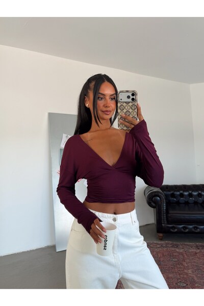 myd Flowy V-Neck Long Sleeve Blouse - Plum