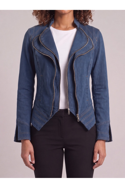 Bold & Young Jachetă de damă din denim Lycra, albastră, cu fermoar și cusături detaliate