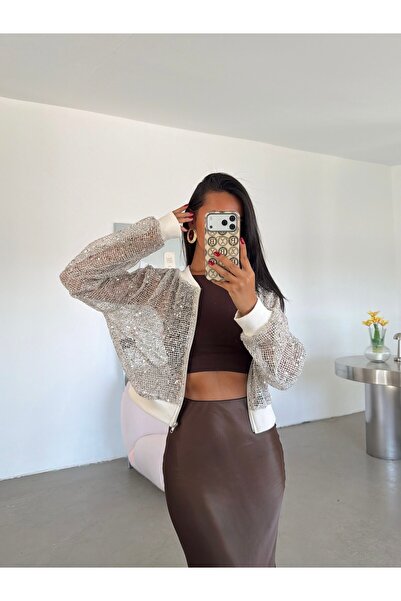 myd Zippered Sequin Cardigan - Stone