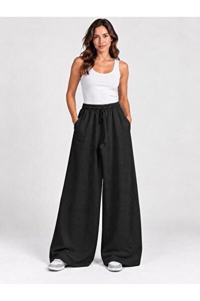 TENA Women's Black Elastic Waist Wide Leg Sweatpants